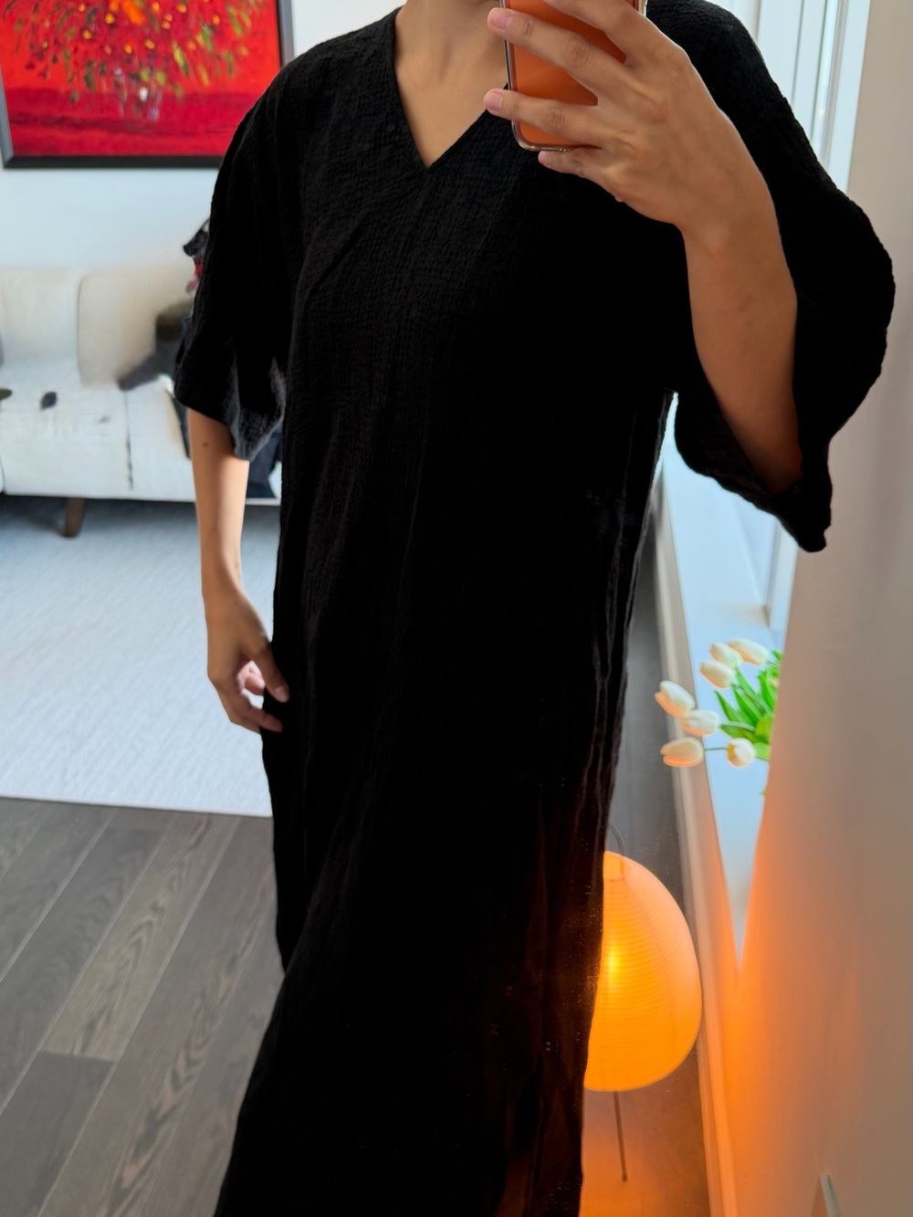 Natori Black 100% Cotton Textured Kaftan — XS